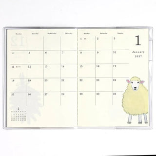 Monthly planner page for January 2027 with date grid and sheep character