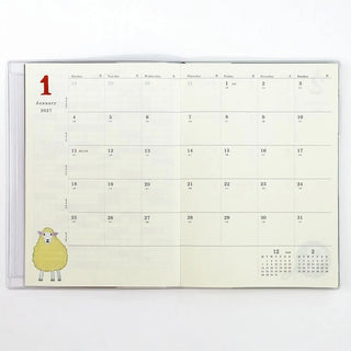 Open 2027 weekly planner showing monthly calendar grid with small sheep illustration