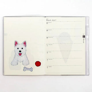 Open weekly planner page with white dog and bone graphic on the left