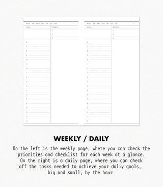 Weekly and daily planner layout with text description on a white background