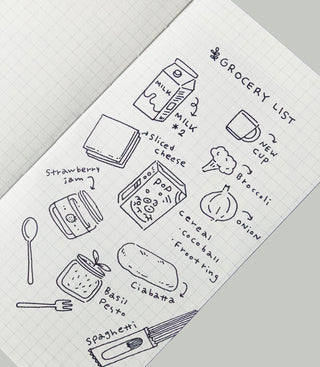 Hand-drawn grocery list with items on a lined notebook page.