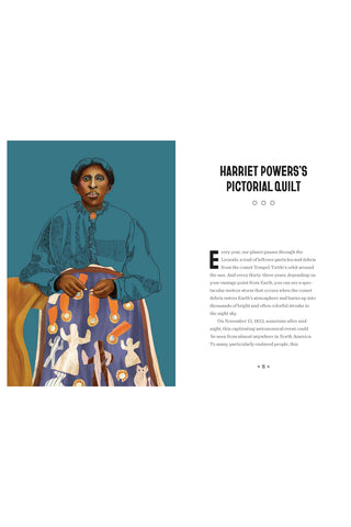 Illustration of a person wearing a colorful quilt with text about Harriet Powers's Pictorial Quilt.