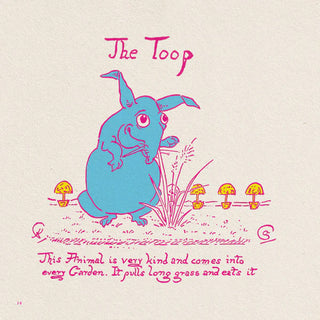 Textured page with teal rabbit illustration labeled “The Toop” and pink garden text