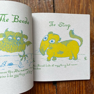 Open book spread with yellow-green animal illustrations on “The Beeda” and “The Stoop” pages