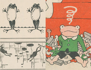 Illustrated scene page with frog in green shirt, tools and water below
