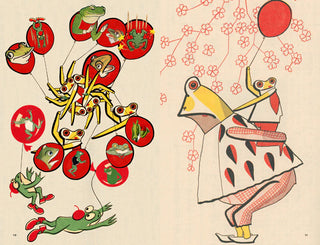 Open book spread with cartoon frog characters and a fan dancer, red and cream tones