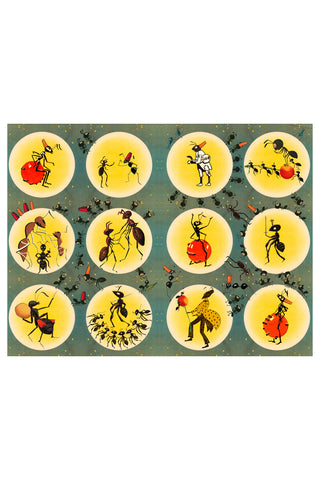 Grid of circular illustrations showing silhouetted anthropomorphic insects on dark background