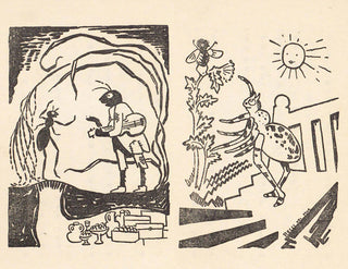 Retro black-and-white illustration of anthropomorphic insects in a scene with sun