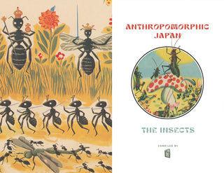 Open book spread with insect characters on left and round cover graphic on right