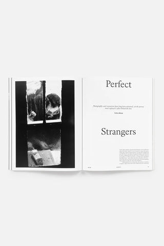Aperture magazine spread with black-and-white photos and article headings 'Perfect' and 'Strangers'