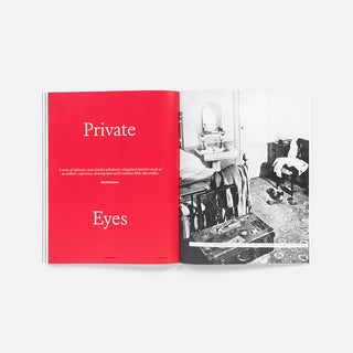 Aperture magazine spread with red page reading 'Private Eyes' and black-and-white interior photo