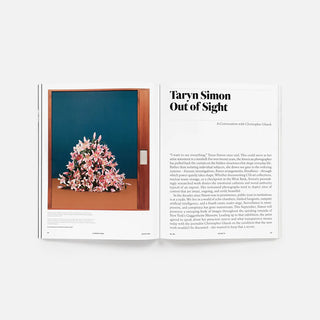 Aperture magazine spread featuring flowers and an article page titled 'Taryn Simon Out of Sight'