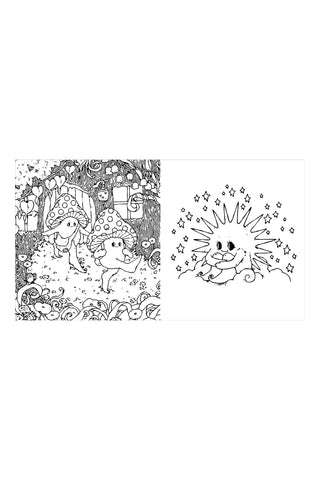 Two black and white illustrations of cartoon mushrooms in a forest setting and a sun on a white background