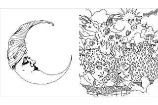 Black and white line art of a crescent moon with faces and a group of people in a cloud.