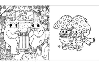 Left shows illustration of cartoon frogs inside a cozy kitchen and the right shows cartoon mushrooms in winter clothing