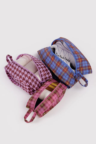 3D zip pouch set with blue plaid, burgundy houndstooth, and pink check pouches