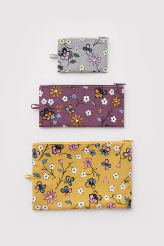 Floral flat pouch set of 3 zip pouches in purple, plum, and yellow mustard