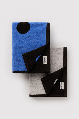 BAGGU hand towel set of 2 folded polka dot towels with woven labels