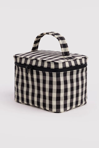Large cosmetic case, black-and-cream gingham with top zipper and handle