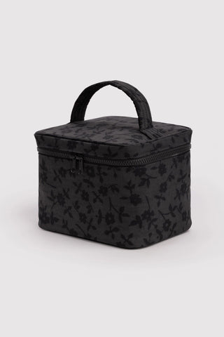 Charcoal floral large cosmetic case with top handle and zip closure