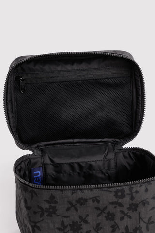 Large charcoal floral cosmetic case interior view with zipper and divider pockets