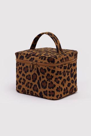 Large leopard-print cosmetic case with top handle and zip closure