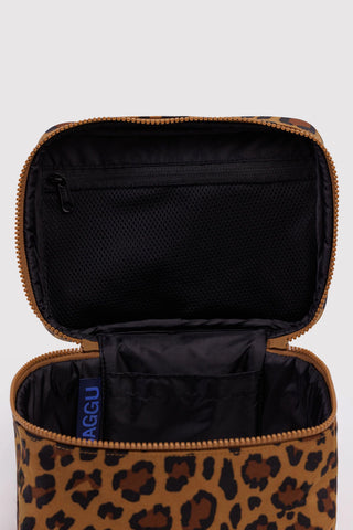 Large leopard-print cosmetic case interior with black lining and zip top