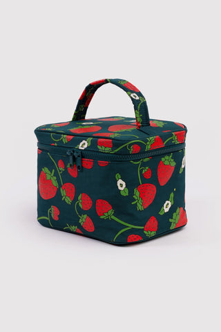 BAGGU large cosmetic case with strawberry print, dark green fabric and top handle