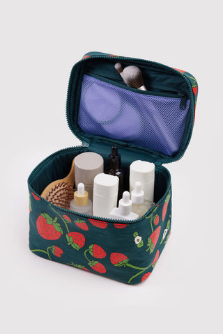 BAGGU large cosmetic case open with mesh organizer and strawberry print, holds bottles