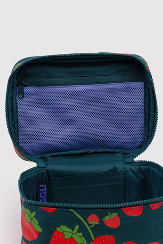 BAGGU large cosmetic case open with mesh side pocket, zipper, and strawberry print lining