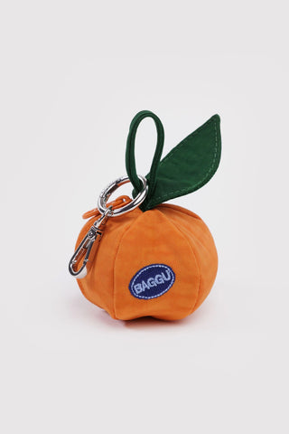 BAGGU orange mandarin charm keychain with green leaf and metal carabiner
