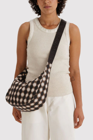 BAGGU Medium Nylon Crescent Bag Blurred Gingham Brown