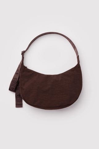 BAGGU medium nylon crescent bag in coffee brown, curved hobo shape with top handle