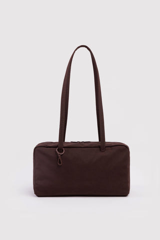 Coffee-brown nylon bowler bag with top handles and zip closure