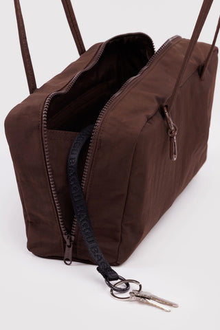 Coffee-brown nylon bowler bag open top with front zipper and key clip
