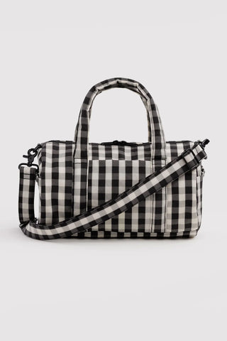 Gingham nylon duffle bag in black and cream with top handles and crossbody strap