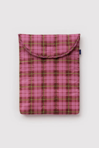 Puffy laptop sleeve in pink tartan plaid with front snap flap pocket