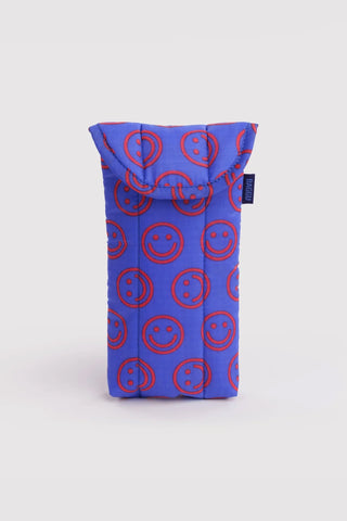 BAGGU mini puffy glasses sleeve in blue with red smiley-face pattern, padded sides