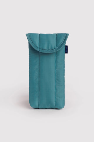 BAGGU puffy glasses sleeve in teal with snap flap and curved seam
