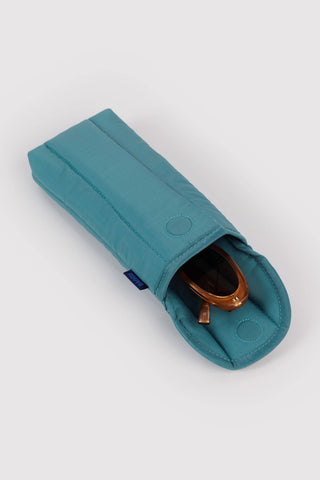 BAGGU puffy glasses sleeve, teal, with button front and glasses pocket