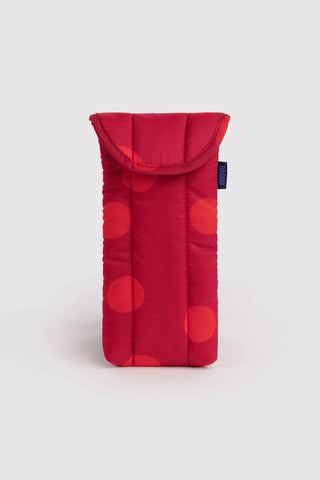 Red puffy glasses sleeve with polka dot pattern and snap top