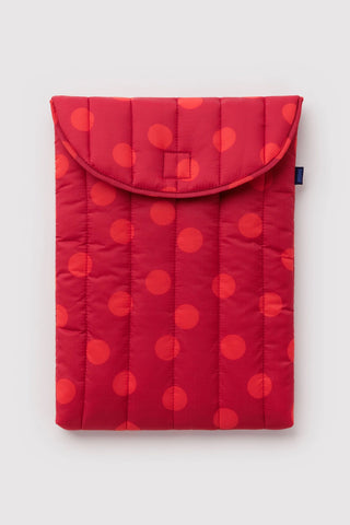 BAGGU puffy 16-inch laptop sleeve in red with orange polka dots and flap