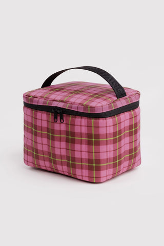 Puffy lunch bag in pink tartan plaid with black handle and zip top