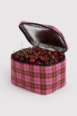 Open puffy lunch bag in pink tartan plaid with black trim and lined interior