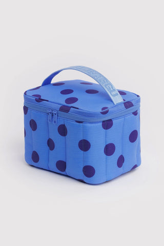 BAGGU puffy lunch bag in blue with purple polka dots and top handle