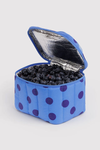BAGGU puffy lunch bag open, showing silver lining and purple polka dots