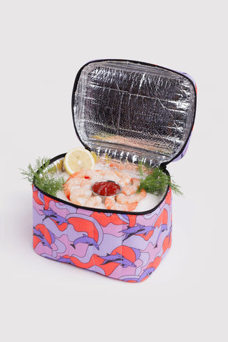 Insulated lunch bag with shrimp inside on a white background