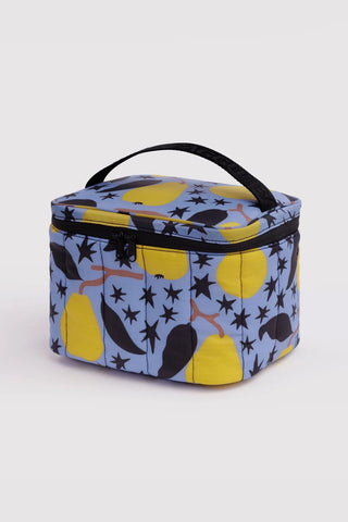 Puffy lunch bag with black strap, colorful star and pear print, zip-top closure