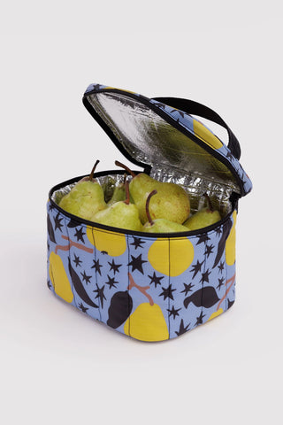 Open puffy lunch bag with star and pear print, black handle, foil-lined interior with pears