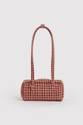 Small nylon bowler bag with houndstooth pattern, tan and maroon, top handles